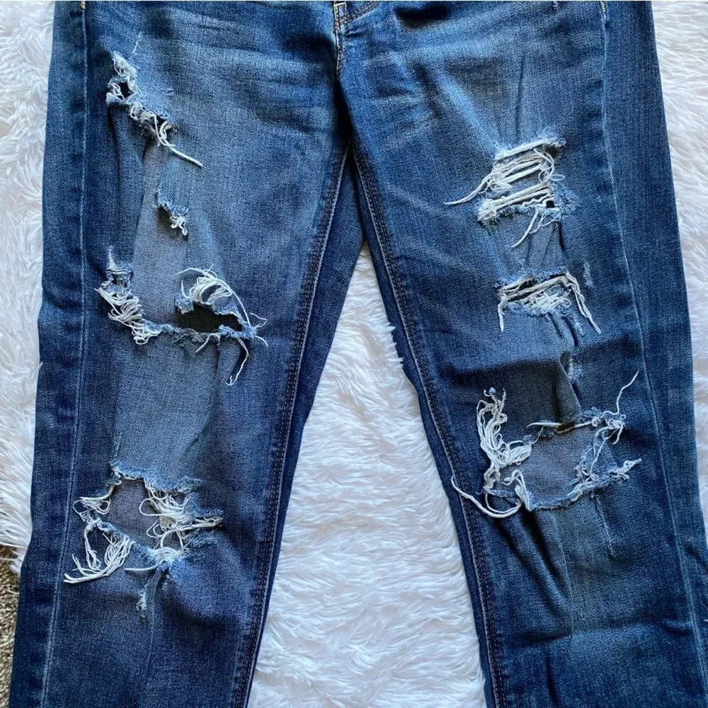 American Eagle Tomgirl Jeans Button‎ Fly Raw Ankle Hem Blue Stretch Distressed 2